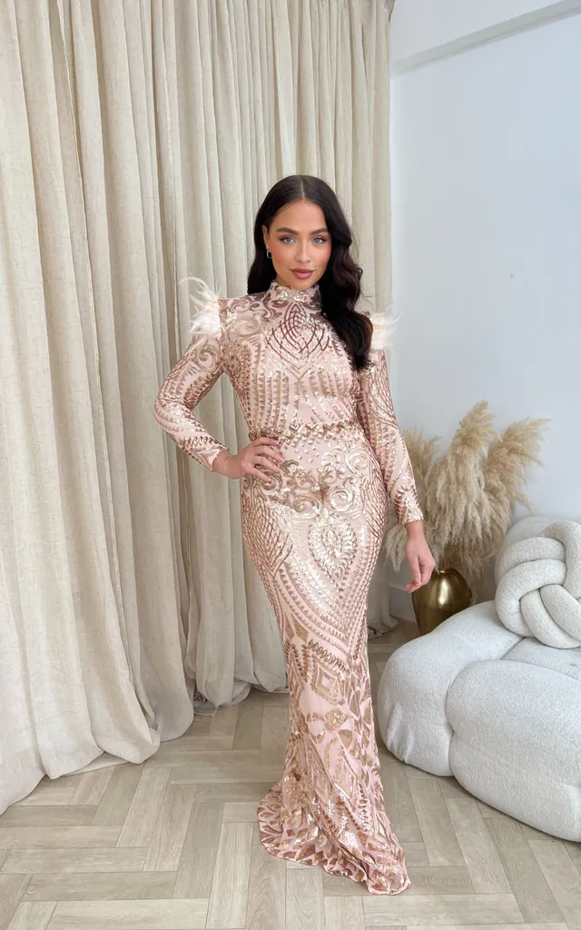 Saint Rose Gold Luxe Sequin Embellished Hourglass Illusion Long Sleeve Feather Maxi Dress | Nazz Collection | SilkFred Saint Rose Gold Luxe Sequin Embellished Hourglass Illusion Long Sleeve Feather Maxi Dress | Nazz Collection | SilkFred