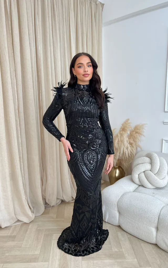 Saint Black Luxe Sequin Embellished Hourglass Illusion Long Sleeve Feather Maxi Dress | Nazz Collection | SilkFred Saint Black Luxe Sequin Embellished Hourglass Illusion Long Sleeve Feather Maxi Dress | Nazz Collection | SilkFred