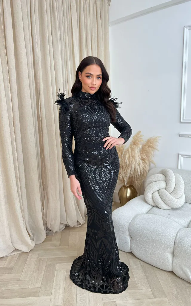 Saint Black Luxe Sequin Embellished Hourglass Illusion Long Sleeve Feather Maxi Dress | Nazz Collection | SilkFred Saint Black Luxe Sequin Embellished Hourglass Illusion Long Sleeve Feather Maxi Dress | Nazz Collection | SilkFred