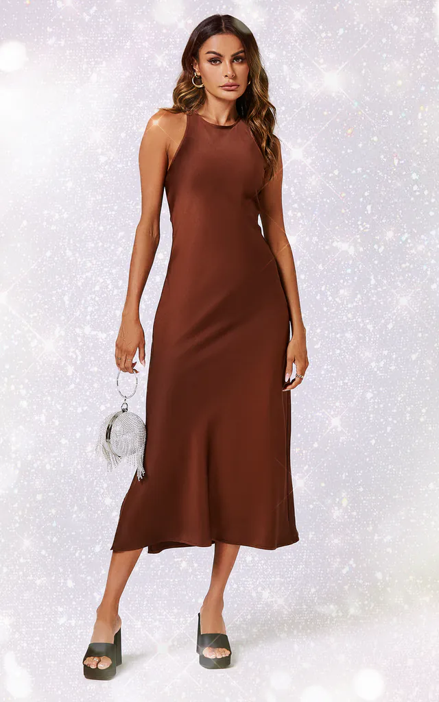 Slim-Fit Satin Midi Dress In Brown | FS Collection | SilkFred Slim-Fit Satin Midi Dress In Brown | FS Collection | SilkFred