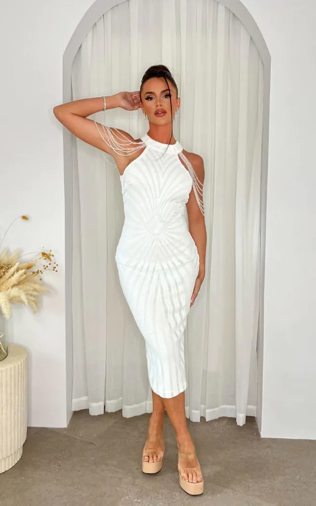 Alora White Luxe Beaded Shoulder Sequin Embellished High Neck Hourglass Illusion Midi Dress | Nazz Collection | SilkFred Alora White Luxe Beaded Shoulder Sequin Embellished High Neck Hourglass Illusion Midi Dress | Nazz Collection | SilkFred