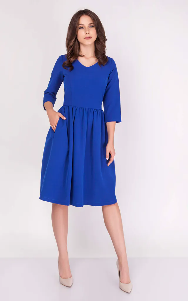Fit and Flare Dress with V Neck in Cobalt Blue | Bergamo | SilkFred Fit and Flare Dress with V Neck in Cobalt Blue | Bergamo | SilkFred