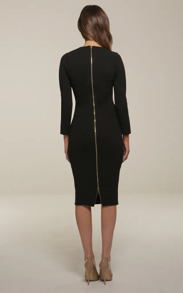 Kelsey Black Bodycon Midi Dress With Exposed Gold Zip | Honor Gold | SilkFred Kelsey Black Bodycon Midi Dress With Exposed Gold Zip | Honor Gold | SilkFred