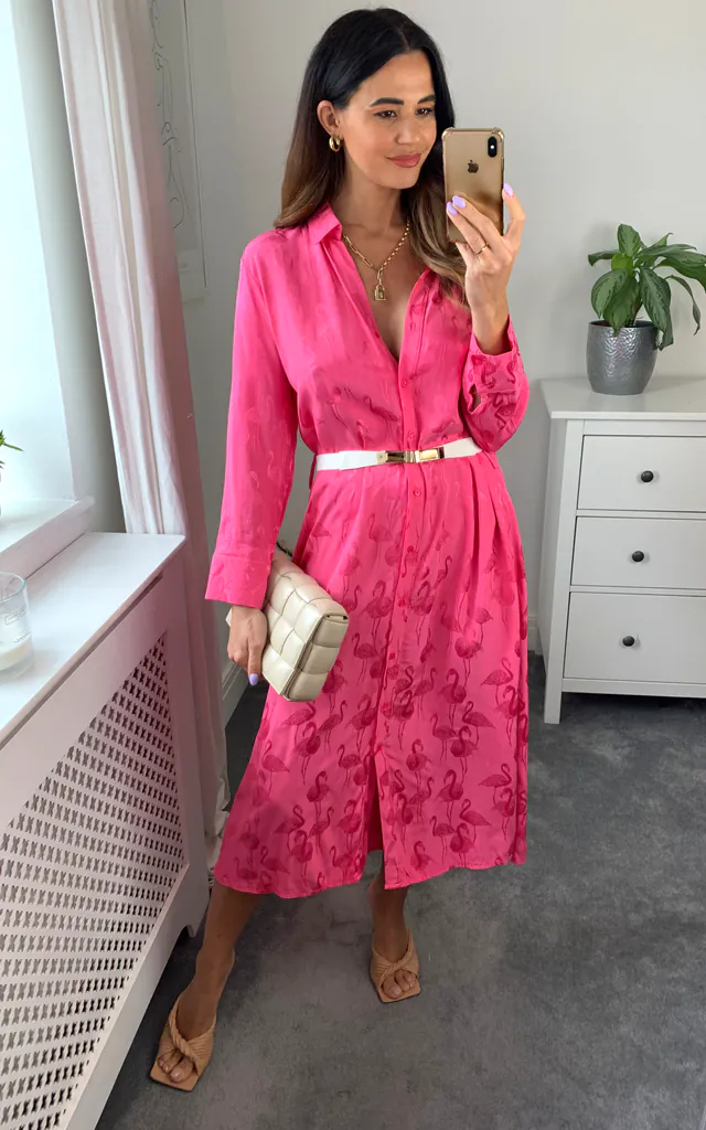 Pink Flamingo Print Midi Shirt Dress with Belt | Liquorish | SilkFred Pink Flamingo Print Midi Shirt Dress with Belt | Liquorish | SilkFred