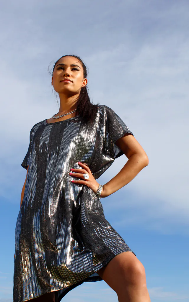 black and silver striped dress Ramsey Dress in Black Clipped Metallic Silver Stripe S