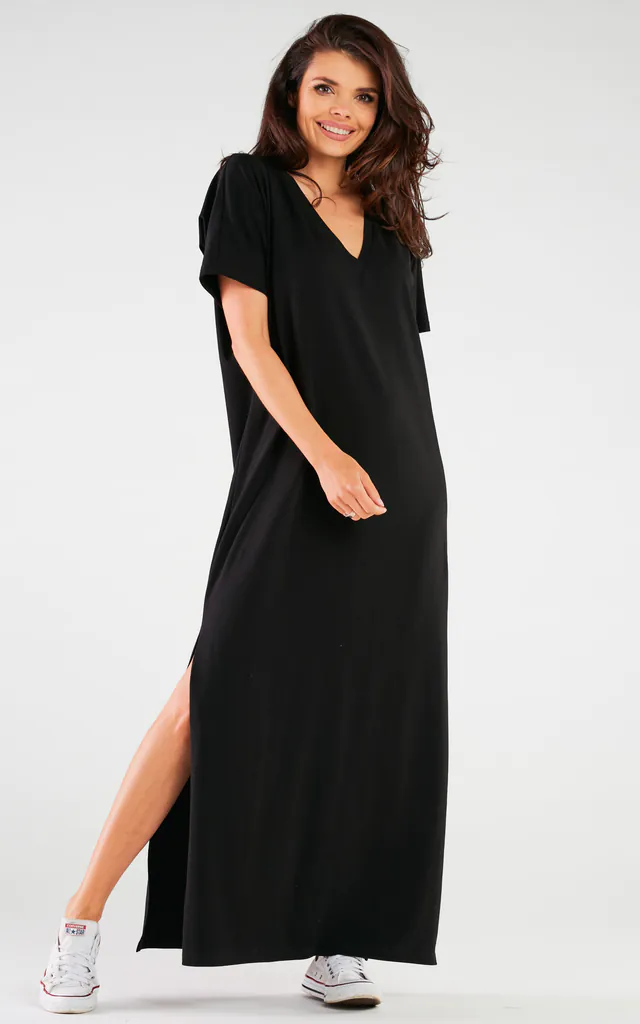 Cotton Short Sleeve Long T-Shirt Dress in Black | AWAMA | SilkFred Cotton Short Sleeve Long T-Shirt Dress in Black | AWAMA | SilkFred