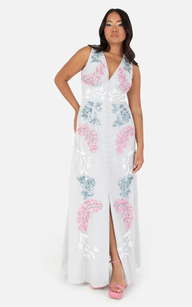 Grey Floral Embellished Sleeveless Maxi Dress | Maya Deluxe | SilkFred Grey Floral Embellished Sleeveless Maxi Dress | Maya Deluxe | SilkFred