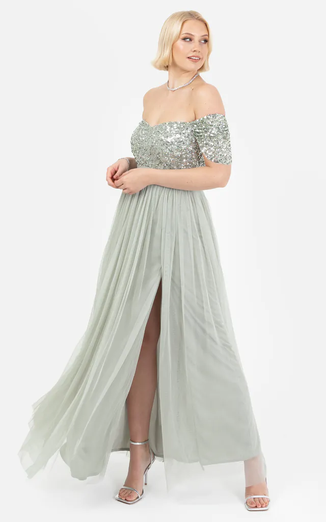 Sage Green Embellished Sweetheart Bardot Maxi Dress | Maya Deluxe | SilkFred Sage Green Embellished Sweetheart Bardot Maxi Dress | Maya Deluxe | SilkFred