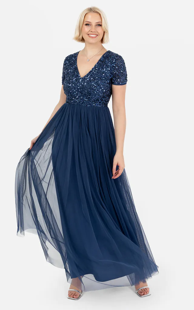 French Navy V Neckline Embellished Bridesmaid Midi Dress | Maya Deluxe | SilkFred French Navy V Neckline Embellished Bridesmaid Midi Dress | Maya Deluxe | SilkFred