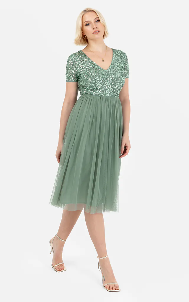 Dark Sage Green Short Sleeve V Neckline Embellished Bridesmaid Maxi Dress | Maya Deluxe | SilkFred Dark Sage Green Short Sleeve V Neckline Embellished Bridesmaid Maxi Dress | Maya Deluxe | SilkFred