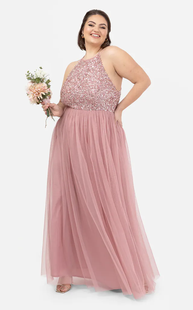 Dusty Pink Embellished Halter Neck Bridesmaid Maxi Dress | Maya Deluxe | SilkFred Dusty Pink Embellished Halter Neck Bridesmaid Maxi Dress | Maya Deluxe | SilkFred