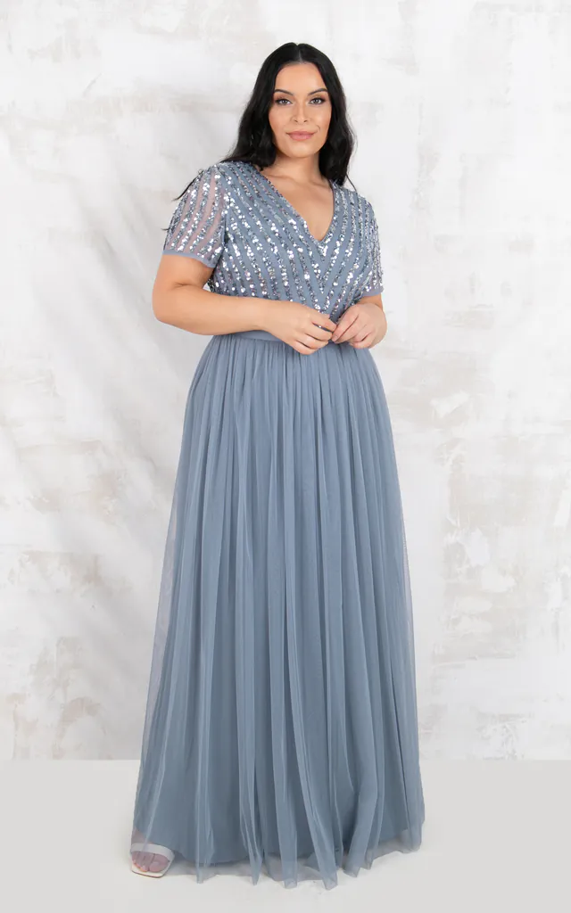 Dusty Blue Embellished Long Sleeve Bridesmaid Maxi Dress | Maya Deluxe | SilkFred Dusty Blue Embellished Long Sleeve Bridesmaid Maxi Dress | Maya Deluxe | SilkFred