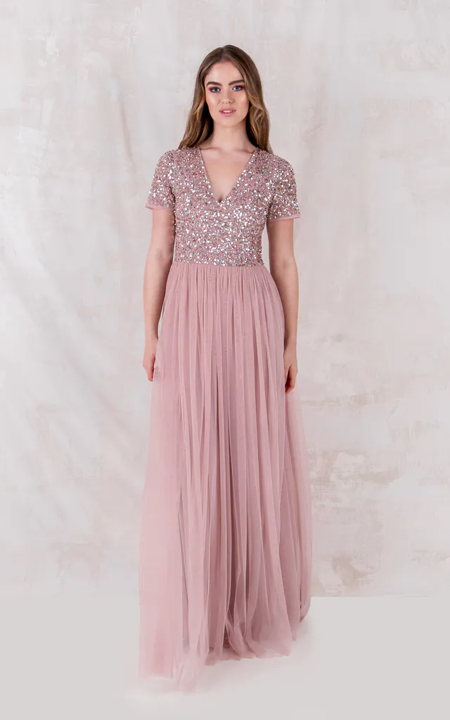 Frosted Pink V Neckline Embellished Bridesmaid Maxi Dress | Maya Deluxe | SilkFred Frosted Pink V Neckline Embellished Bridesmaid Maxi Dress | Maya Deluxe | SilkFred