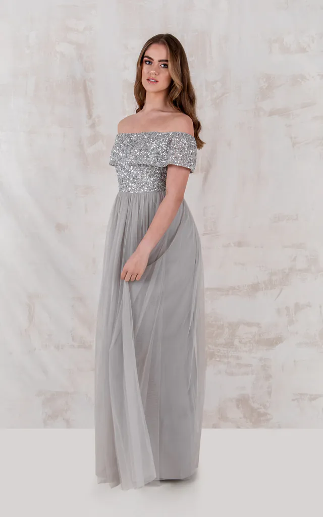 Soft Grey Bardot Embellished Bridesmaid Maxi Dress | Maya Deluxe | SilkFred Soft Grey Bardot Embellished Bridesmaid Maxi Dress | Maya Deluxe | SilkFred