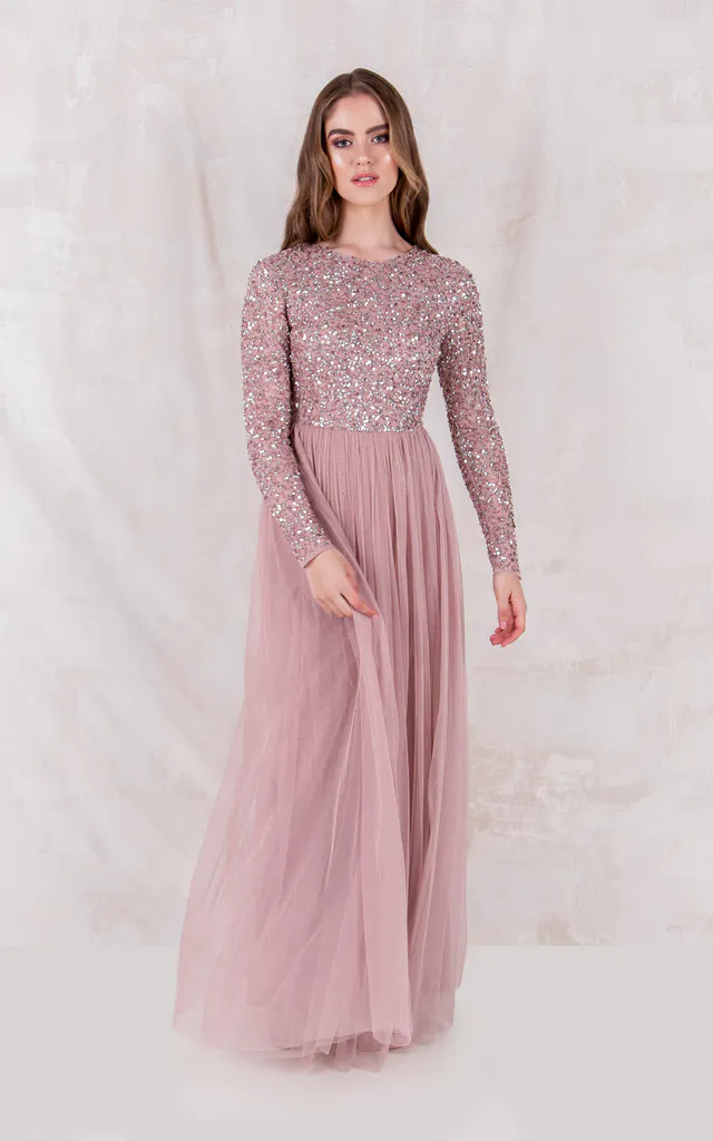 Frosted Pink Embellished Long Sleeve Bridesmaid Maxi Dress | Maya Deluxe | SilkFred Frosted Pink Embellished Long Sleeve Bridesmaid Maxi Dress | Maya Deluxe | SilkFred