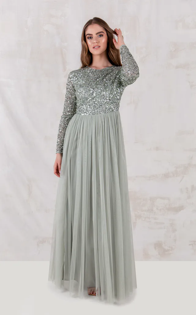 Green Lily Embellished Long Sleeve Bridesmaid Maxi Dress | Maya Deluxe | SilkFred Green Lily Embellished Long Sleeve Bridesmaid Maxi Dress | Maya Deluxe | SilkFred