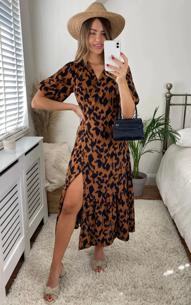 Leopard Print Short Sleeve Maxi Wrap Dress In Brown | Miss Floral | SilkFred Leopard Print Short Sleeve Maxi Wrap Dress In Brown | Miss Floral | SilkFred