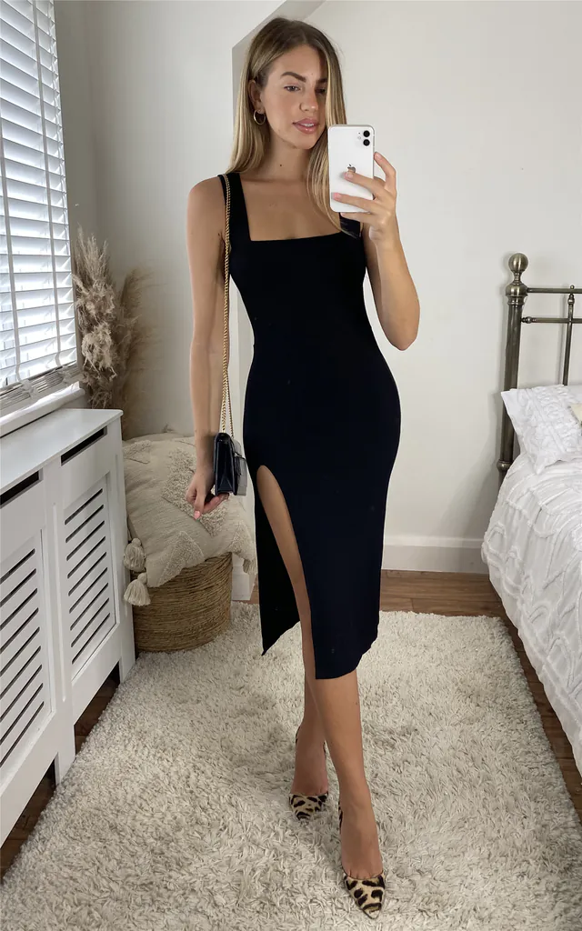 Sleeveless Split Thigh Bodycon Ribbed Dress In Black | Miss Floral | SilkFred Sleeveless Split Thigh Bodycon Ribbed Dress In Black | Miss Floral | SilkFred