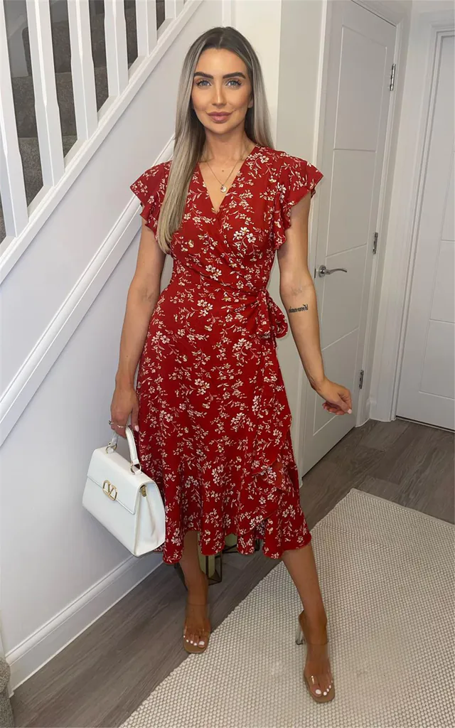 Red Frill Shoulder Sleeve Floral Midi Wrap Dress | Miss Floral | SilkFred Red Frill Shoulder Sleeve Floral Midi Wrap Dress | Miss Floral | SilkFred