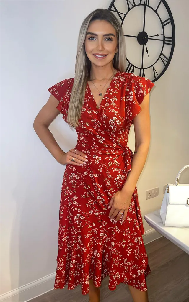 Red Frill Shoulder Sleeve Floral Midi Wrap Dress | Miss Floral | SilkFred Red Frill Shoulder Sleeve Floral Midi Wrap Dress | Miss Floral | SilkFred