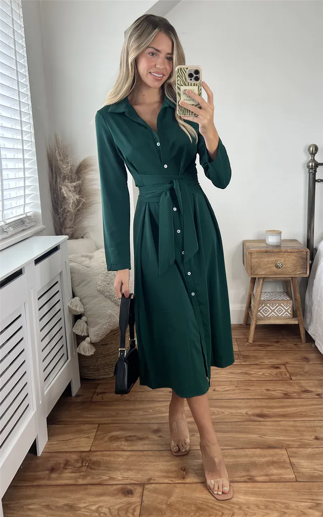 Green Long Sleeve Midi Shirt Dress | Miss Floral | SilkFred Green Long Sleeve Midi Shirt Dress | Miss Floral | SilkFred