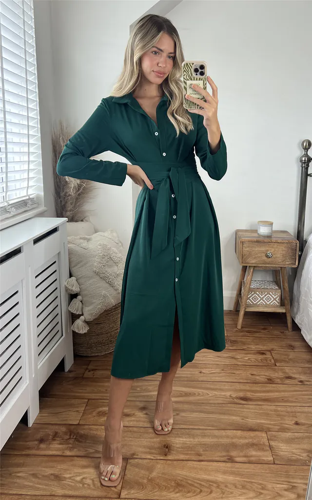 Green Long Sleeve Midi Shirt Dress | Miss Floral | SilkFred Green Long Sleeve Midi Shirt Dress | Miss Floral | SilkFred