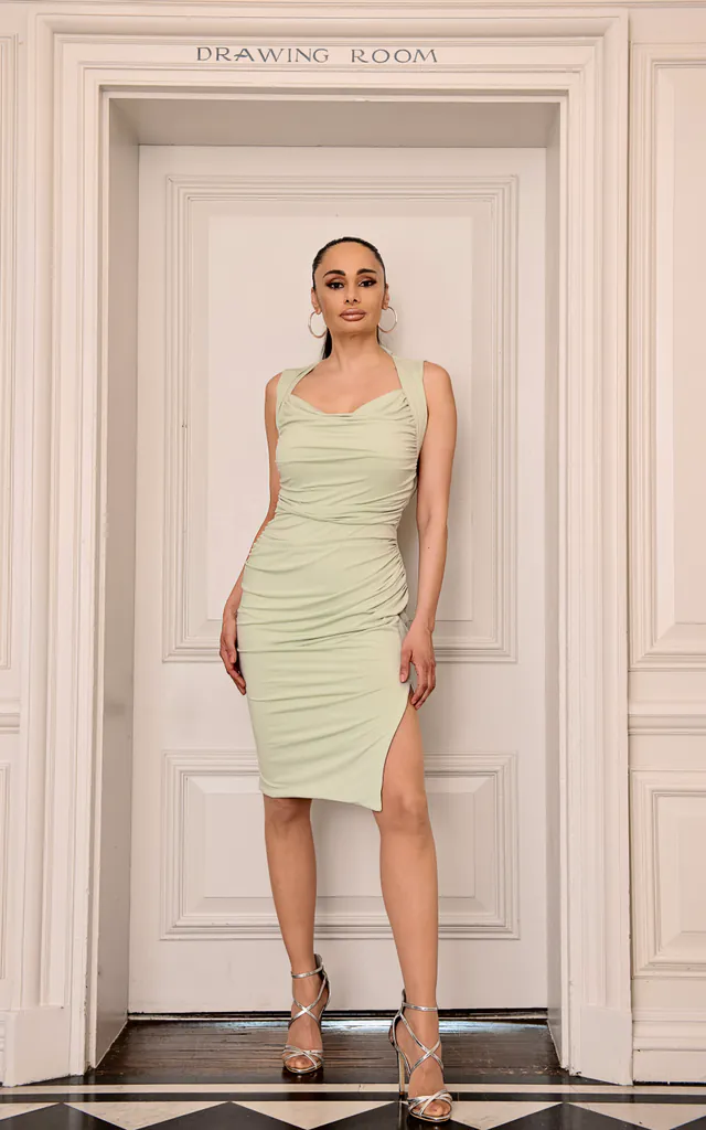 Aniya Cowl Neck side split ruched pencil Dress in Sage Green | Monice London | SilkFred Aniya Cowl Neck side split ruched pencil Dress in Sage Green | Monice London | SilkFred