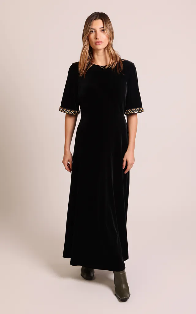 Black Velvet Gold Embellished Short Sleeve High Neck Maxi Dress | Traffic People | SilkFred Black Velvet Gold Embellished Short Sleeve High Neck Maxi Dress | Traffic People | SilkFred