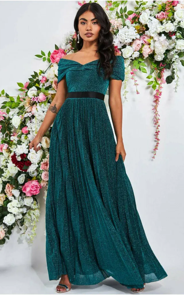 Bardot Pleated Skirt Maxi in Emerald green | Goddiva | SilkFred Bardot Pleated Skirt Maxi in Emerald green | Goddiva | SilkFred