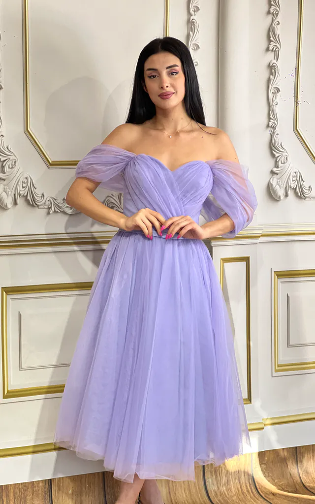 Bardot Off Shoulder Midi Pleated Skater Dress in Lilac | Selene Couture | SilkFred Bardot Off Shoulder Midi Pleated Skater Dress in Lilac | Selene Couture | SilkFred