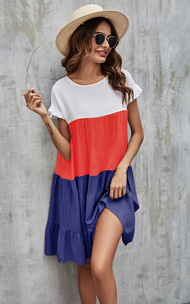 Tiered Smock Dress In Navy & Red & White | FS Collection | SilkFred Tiered Smock Dress In Navy & Red & White | FS Collection | SilkFred