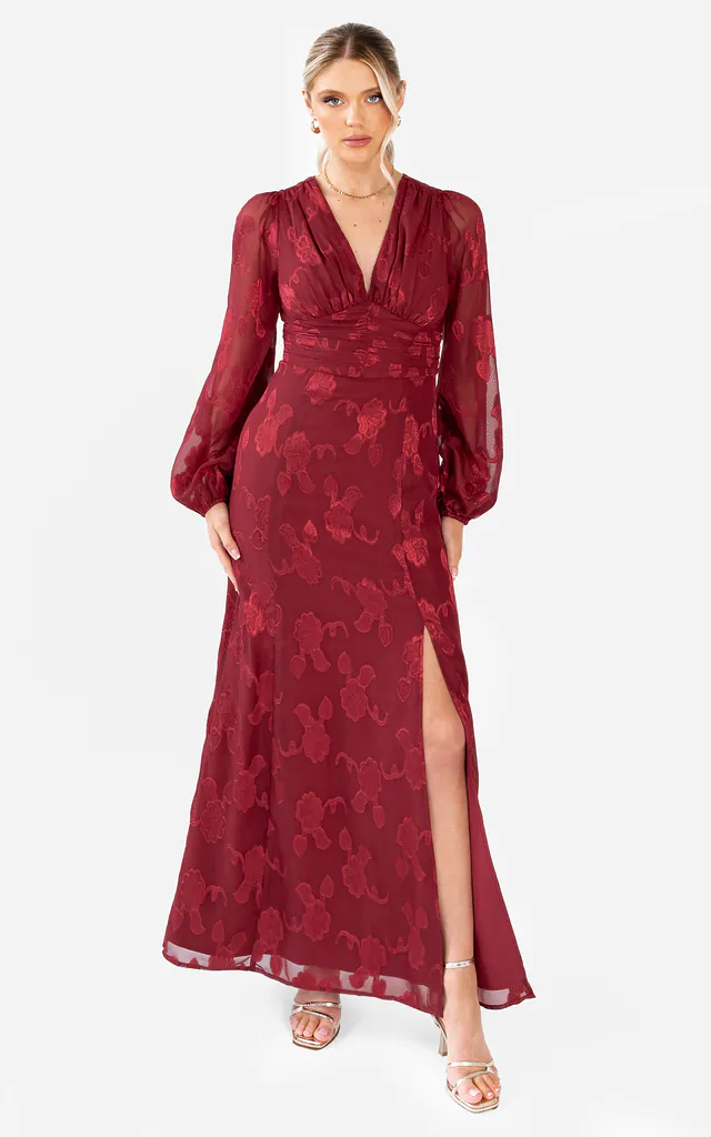 satin jacquard blouson sleeve maxi dress Maya Deep Red Floral Jacquard Blouson Sleeve Maxi Dress Maya Deluxe