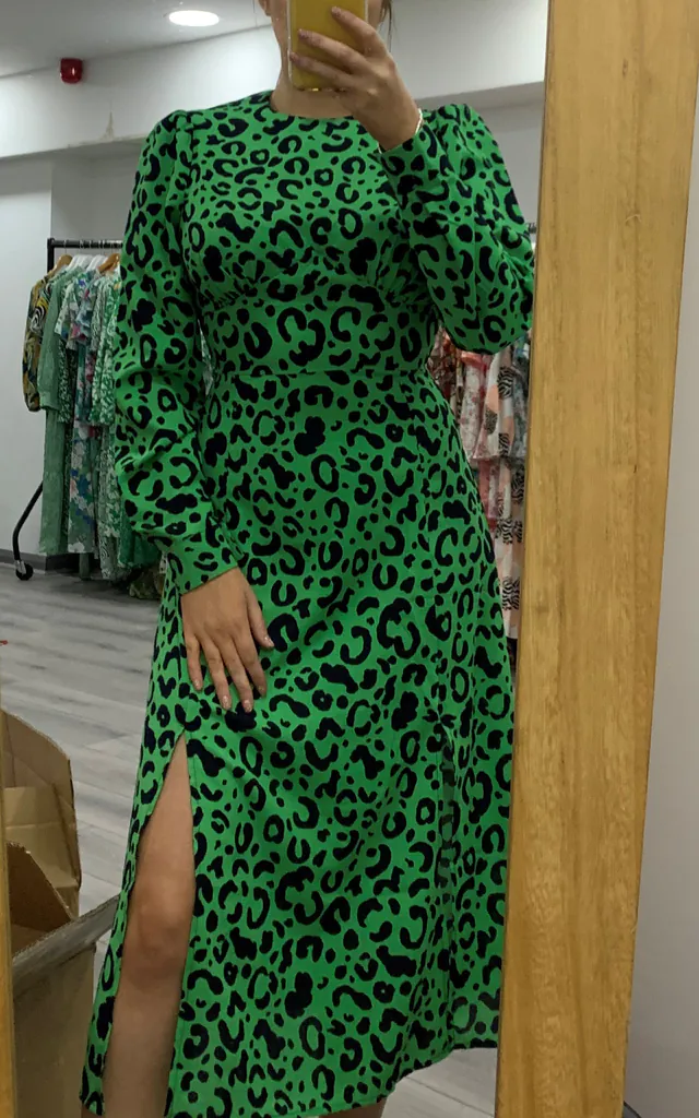 Cass Long Sleeve Split Leg Midi Dress Bright Green Leopard | Girl In Mind | SilkFred Cass Long Sleeve Split Leg Midi Dress Bright Green Leopard | Girl In Mind | SilkFred