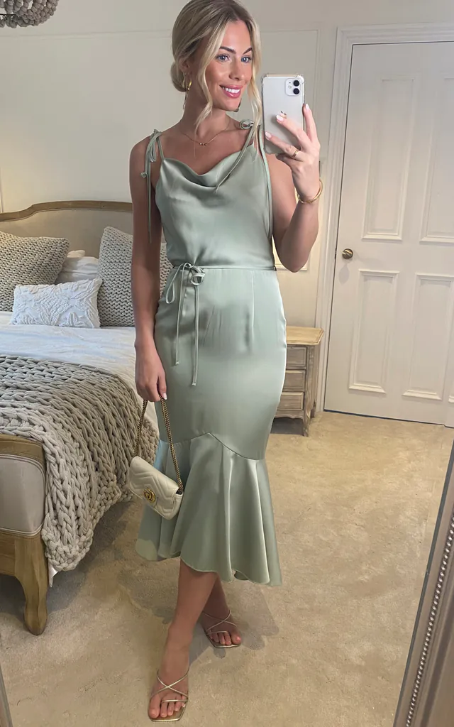 Sophia Cowl Neck Fishtail Satin Midi Dress - Sage Green | LIENA | SilkFred Sophia Cowl Neck Fishtail Satin Midi Dress - Sage Green | LIENA | SilkFred