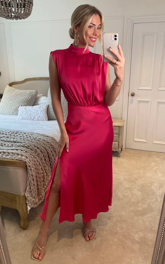split leg midi dress Bandeau Cut Out Front Frill Edge Split Leg Midi Dress In Red Mesh | EGO US
