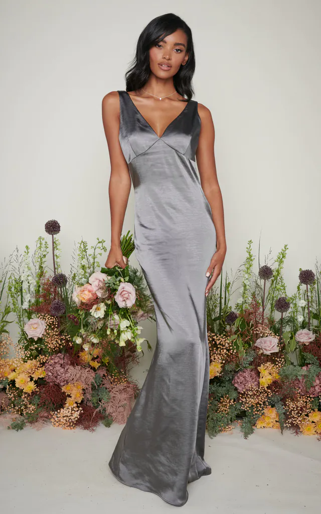 slate grey maxi dress Dark Grey Satin Dress - Draped Maxi Dress - Square Neck Dress