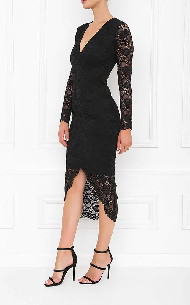 Savannah Black Lace Bodycon Midi Dress With Long Sleeves | Honor Gold | SilkFred Savannah Black Lace Bodycon Midi Dress With Long Sleeves | Honor Gold | SilkFred