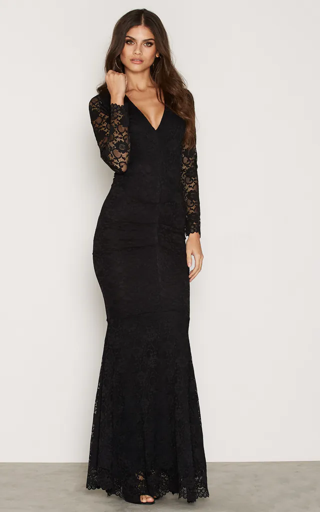 Savannah Black Lace Maxi Dress With Fishtail With Long Sleeves | Honor Gold | SilkFred Savannah Black Lace Maxi Dress With Fishtail With Long Sleeves | Honor Gold | SilkFred