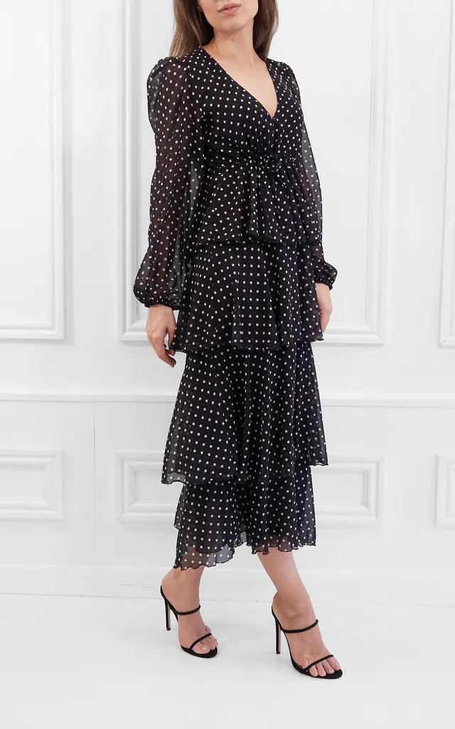 SERENA BLACK AND WHITE POLKA-DOT PRINT MAXI RUFFLE DRESS WITH LONG SLEEVES | Honor Gold | SilkFred SERENA BLACK AND WHITE POLKA-DOT PRINT MAXI RUFFLE DRESS WITH LONG SLEEVES | Honor Gold | SilkFred