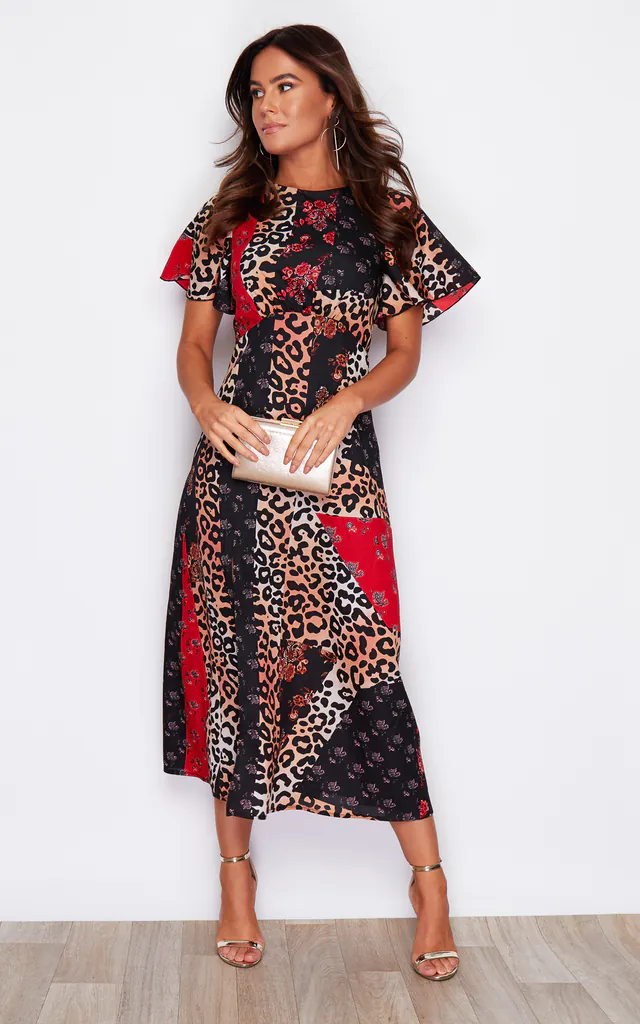 Britney Angel Sleeve Split Leg Midi Dress Leopard Multi Print | Girl In Mind | SilkFred Britney Angel Sleeve Split Leg Midi Dress Leopard Multi Print | Girl In Mind | SilkFred