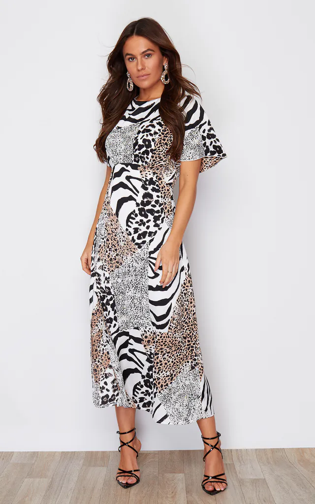 Britney Angel Sleeve Split Leg Midi Dress White Animal Print | Girl In Mind | SilkFred Britney Angel Sleeve Split Leg Midi Dress White Animal Print | Girl In Mind | SilkFred