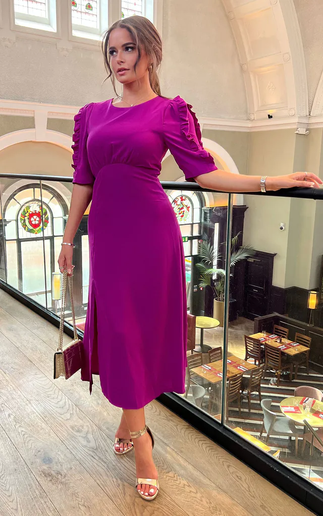 frill sleeve midi dress Petite Placement Print Frill Sleeve Midi Dress