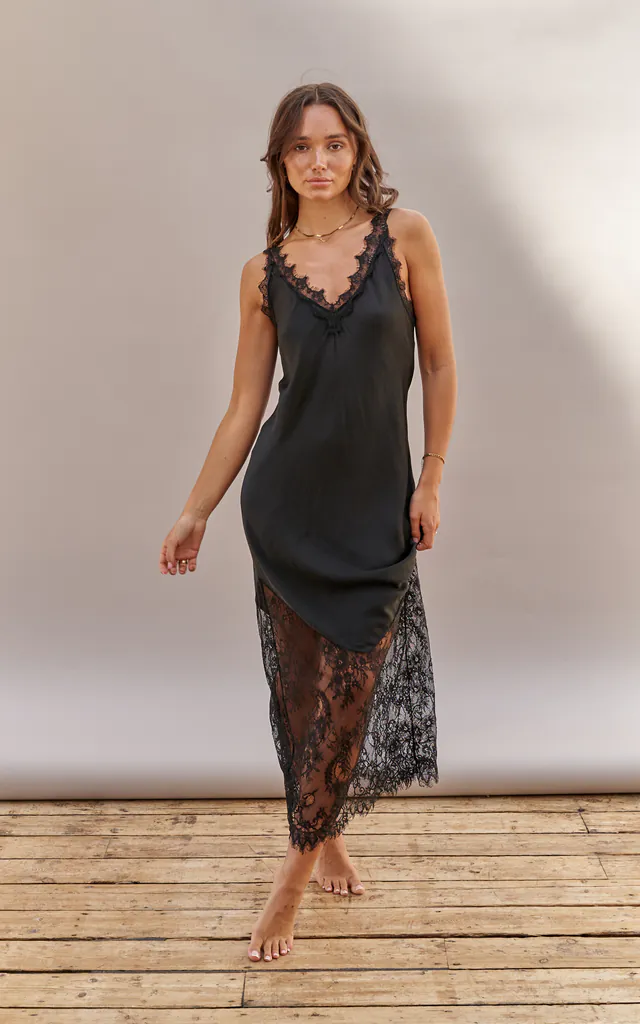 Satin V Neck Slip Dress with Lace Detail in Black | Charli | SilkFred Satin V Neck Slip Dress with Lace Detail in Black | Charli | SilkFred