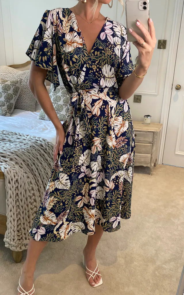Ruffle Sleeve Tropical Leaves Wrap Midi Dress In Blue TENKI LONDON ruffle-sleeve-tropical-leaves-wrap-midi-dress-in-blue-tenki-london