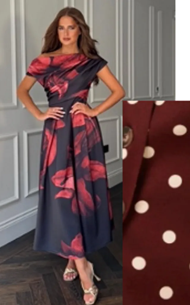 Betty Asymmetric Neckline Skater Midi Berry Spot | Girl In Mind | SilkFred Betty Asymmetric Neckline Skater Midi Berry Spot | Girl In Mind | SilkFred