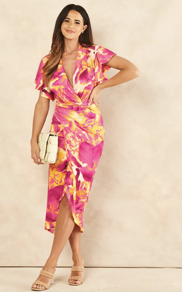 Forever Angel Sleeve Midi wrap dress In Orange Pink Floral Print | Jenerique | SilkFred Forever Angel Sleeve Midi wrap dress In Orange Pink Floral Print | Jenerique | SilkFred
