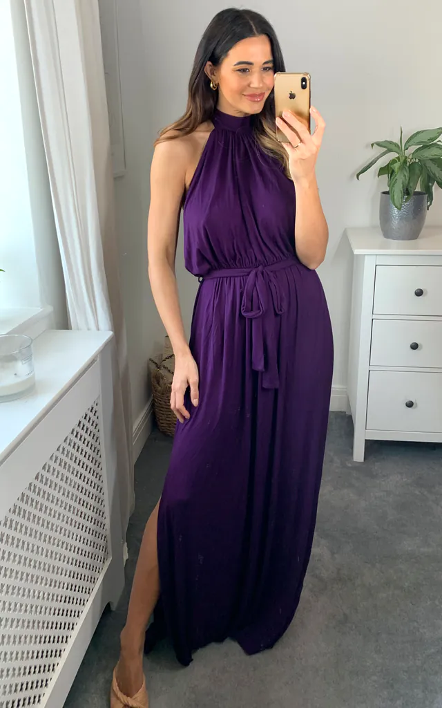 PURPLE HALTER NECK SIDE SLIT MAXI DRESS | SIGNAGE | SilkFred PURPLE HALTER NECK SIDE SLIT MAXI DRESS | SIGNAGE | SilkFred
