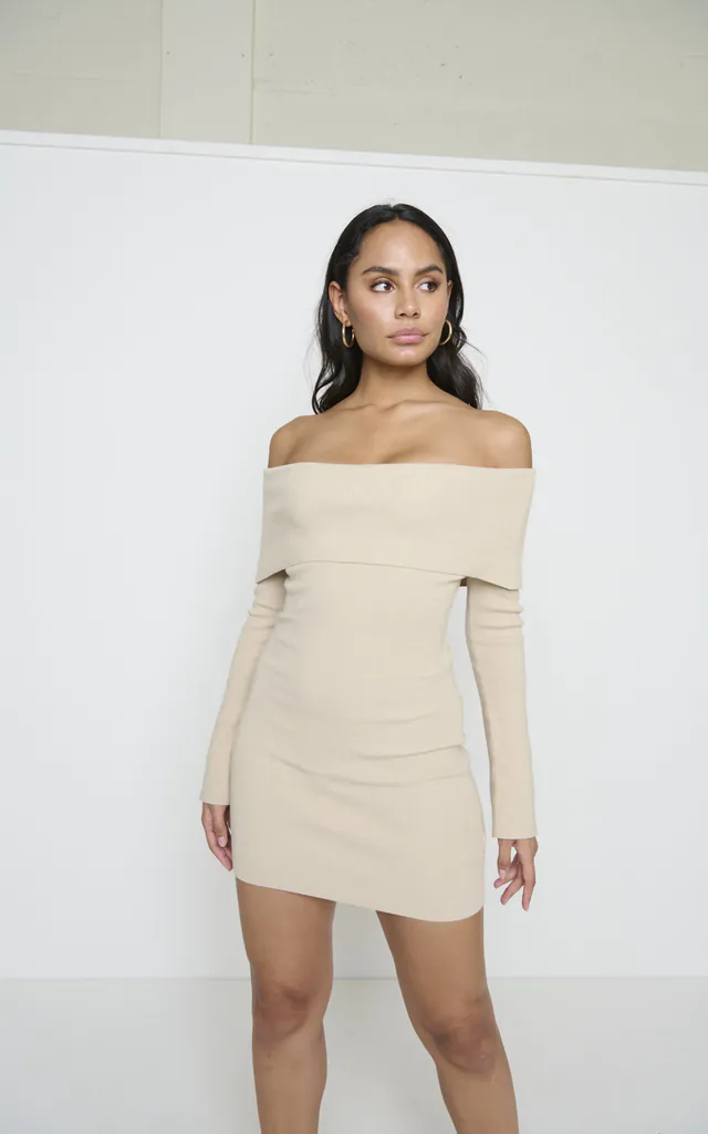 Soreya Mini Bardot Knit Dress - Beige | Pretty Lavish | SilkFred Soreya Mini Bardot Knit Dress - Beige | Pretty Lavish | SilkFred