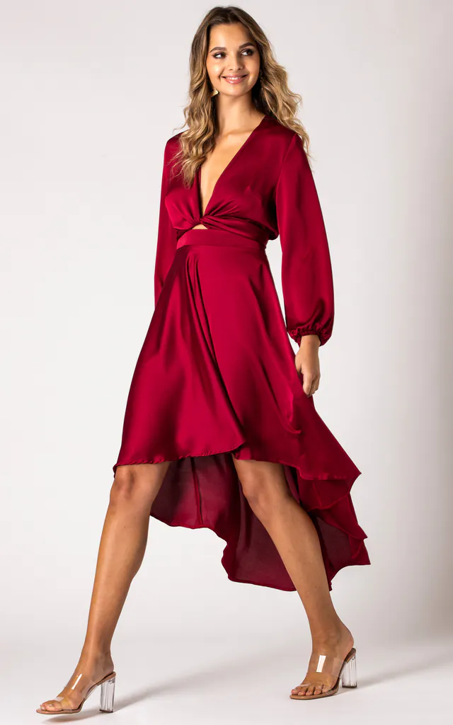 Burgundy Dip Hem Wrap Front Dress with Long Sleeves | URBAN TOUCH | SilkFred Burgundy Dip Hem Wrap Front Dress with Long Sleeves | URBAN TOUCH | SilkFred