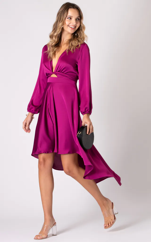 Magenta Dip Hem Wrap Front Dress with Long Sleeves | URBAN TOUCH | SilkFred Magenta Dip Hem Wrap Front Dress with Long Sleeves | URBAN TOUCH | SilkFred